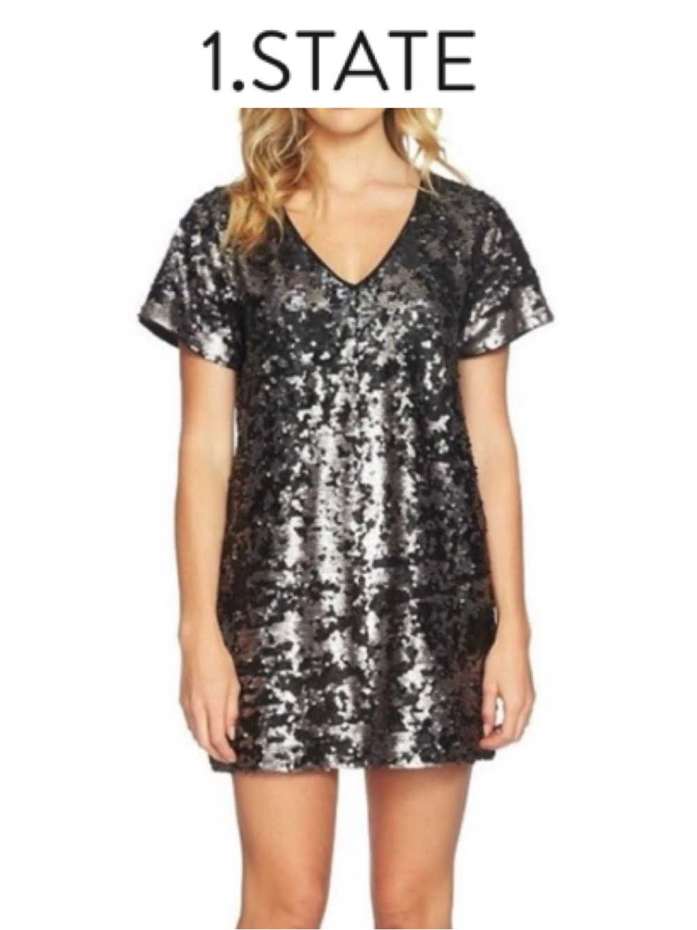 1.STATE BURNISHED GOLD BLACK SEQUIN SHIFT DRESS V NECK COCKTAIL PARTY SIZE M